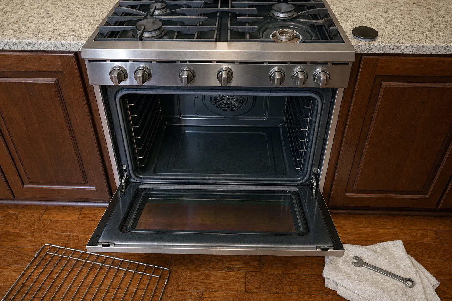 Gas range with the oven door fully lowered on an empty cavity, the convection fan cover visible on the rear wall and an oven rack set down on the floor