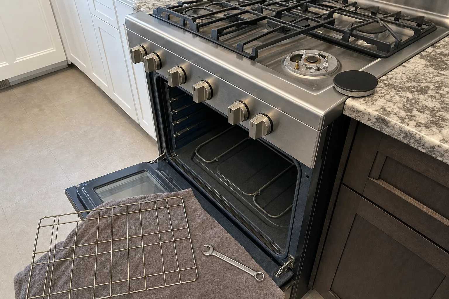 Gas cooktop with one burner completely stripped down, cap and burner ring removed to expose the orifice and spark electrode, the cap set aside on the counter