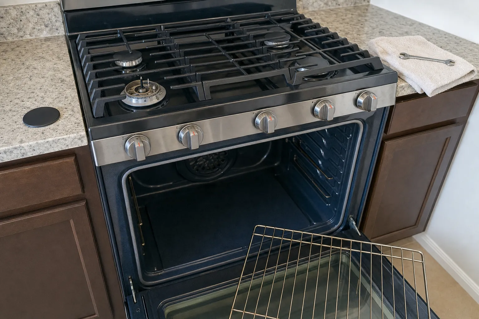 Gas cooktop seen from above with one burner head stripped to its base, grates in place across the other burners and the oven standing open below