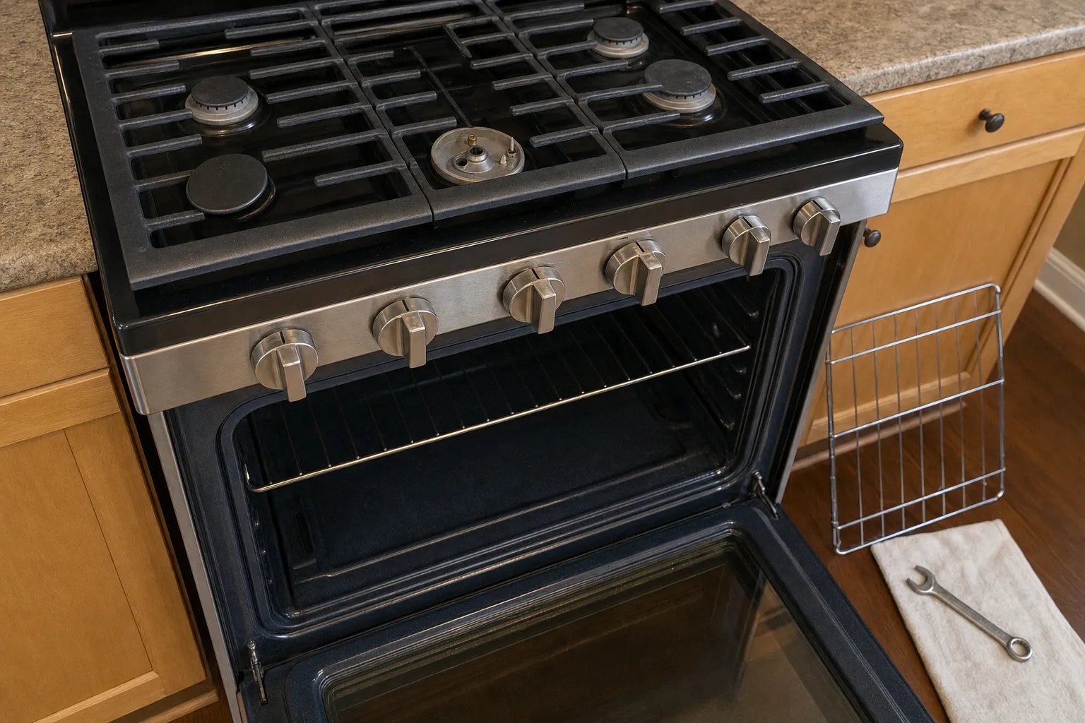 Stainless gas range in a kitchen with honey-toned oak cabinets, the oven door lowered and an oven rack propped beside it