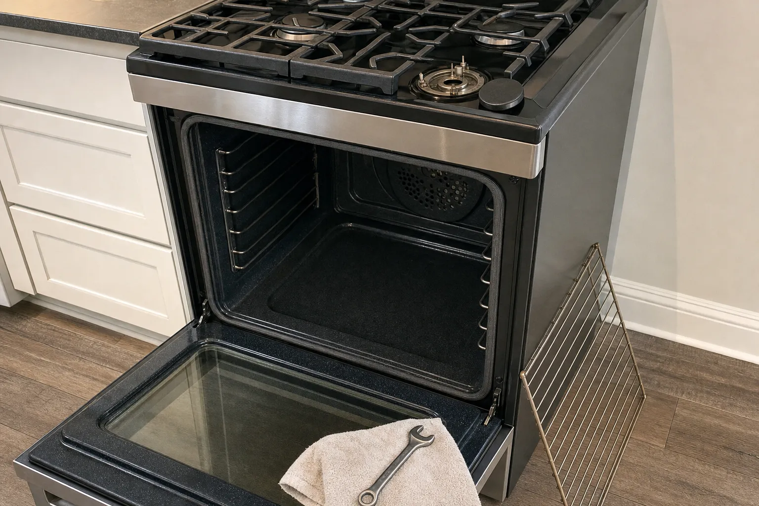 Stainless gas range at an angle with the oven door lowered, a towel and a wrench draped on the door, a round fan cover at the back of the cavity and the rack leaning against the side of the range
