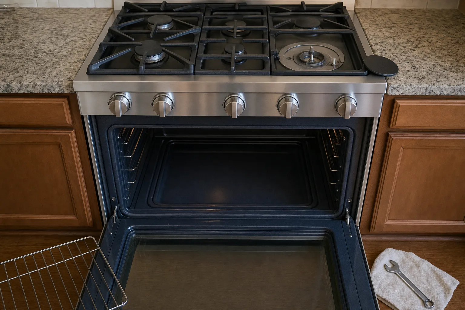 Five-knob gas range head-on with the oven door lowered on an empty cavity with a plain back wall, one right-hand burner uncapped, the rack and a wrench on a towel on the floor